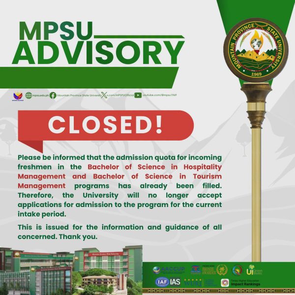 ADVISORY || Enrollment is now CLOSED for Incoming First-Year Students (BSHM & BSTM)