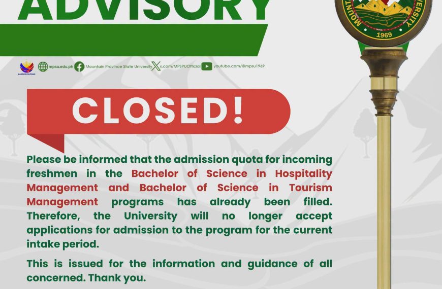 ADVISORY || Enrollment is now CLOSED for Incoming First-Year Students (BSHM & BSTM)