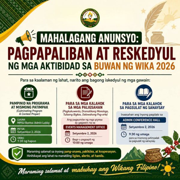 MAHALAGANG ANUNSYO: PAGPAPALIBAN AT RESKEDYUL NG MGA AKTIBIDAD SA BUWAN NG WIKA 2026