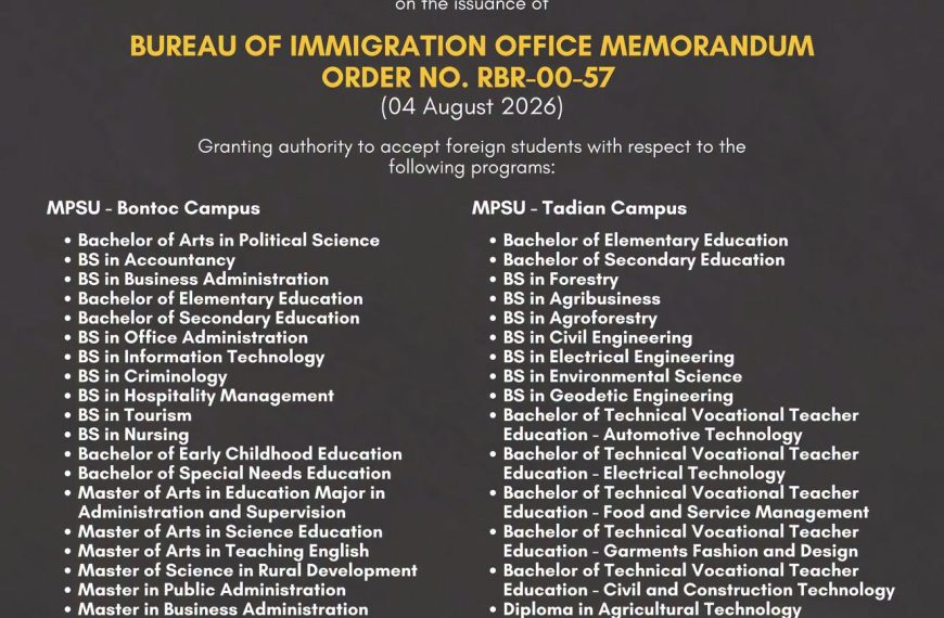 Prexy Cue banners ‘MPSU Bontoc, Tadian campuses now authorized to accept foreign students’